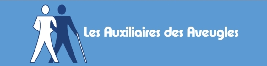 Logo de l'association sur un fond bleu portant le nom de l'association et, en stylis les silouettes d'un non-voyant accompagn de son auxiliaires.